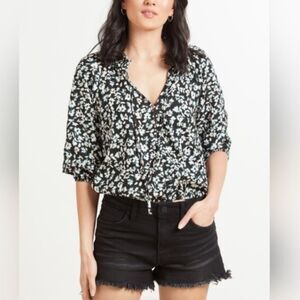 Sanctuary Evereve Don't Forget Linen Blouse in Black Mint Spritz Size M